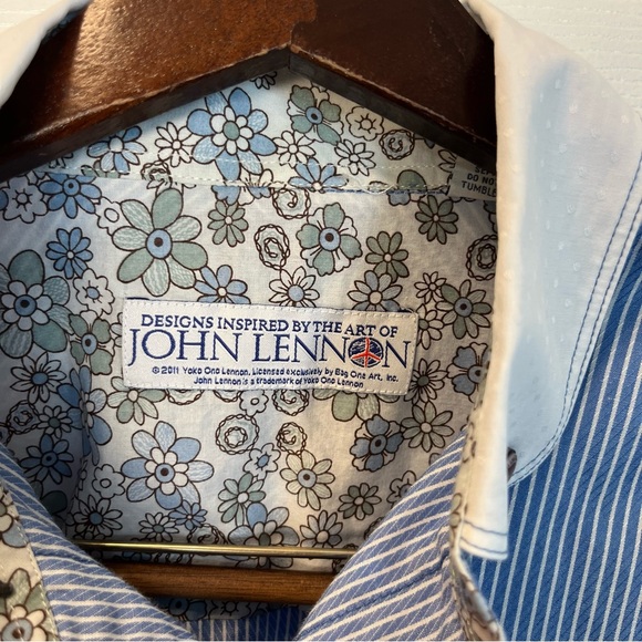 John Lennon Blue Striped Button-Up Men M Shirt White Collar Floral Embroidered - Picture 4 of 13